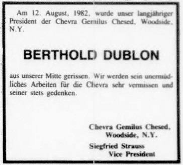 Bertold Dublon Nachruf Chevra AUFBAU 1982