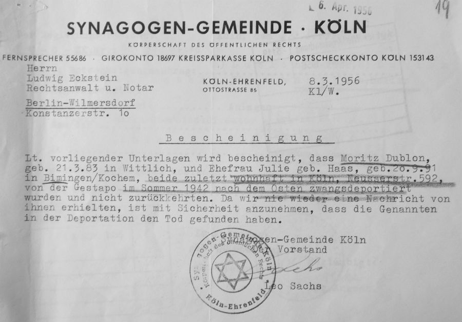 Synagogengemeinde Köln für Dublon Moritz Varda Paz 900