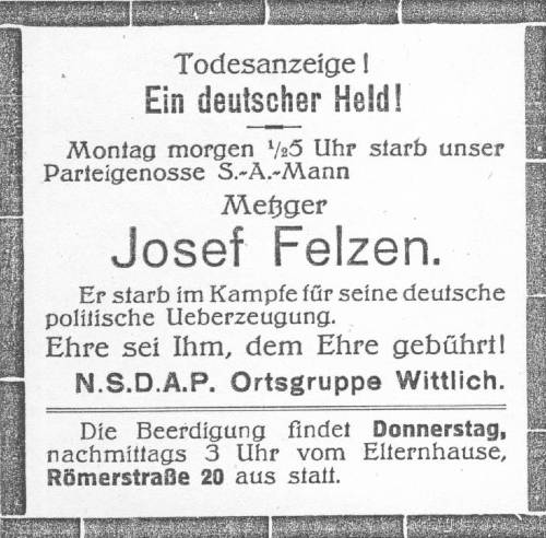 Todesanzeige im Wittlicher Tageblatt, Kreisarchiv 1 TA Felzen März 1931 WTB 500