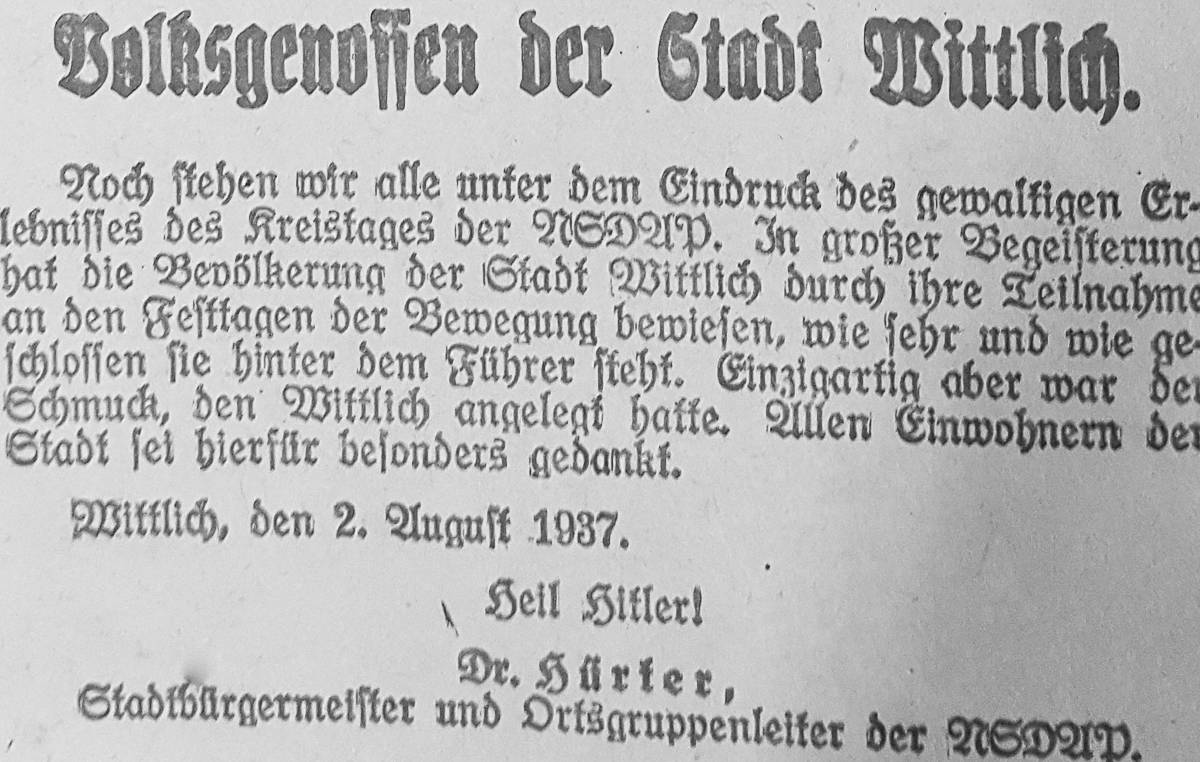 Dank des Bürgermeisters Hürter 25 Hürter Dank Kreistag 1937 1200