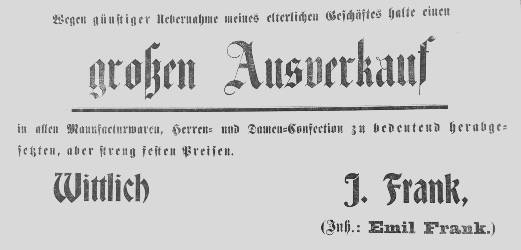 Anzeige Frank Geschäftsübernahme 7.7.1907 Kreisblatt Nr. 77 250